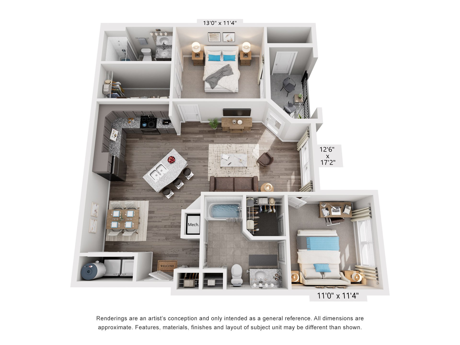 Floor plan for 2 beds, 2 baths, 1019 sqft